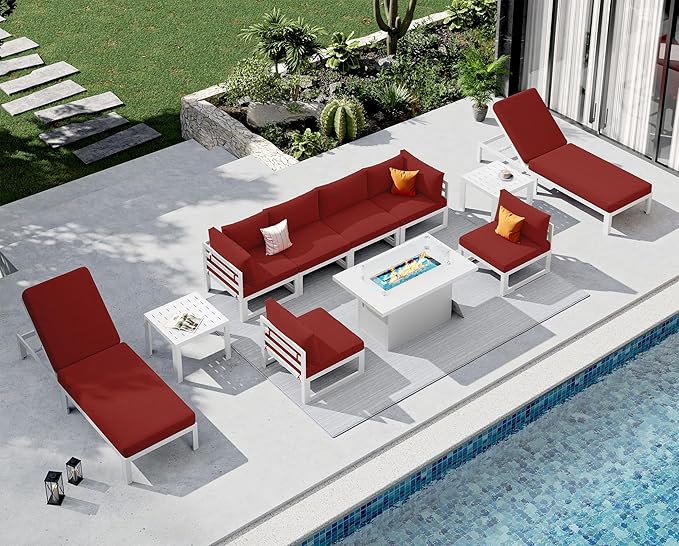 NICESOUL 11 Piece Oversized Modular Aluminum Outdoor Furniture Set with Chaise Lounge, 29" Deep and Wide Sectional Seating, 500 lbs High Weight Capacity Patio Conversation Set for Poolside Deck, Red