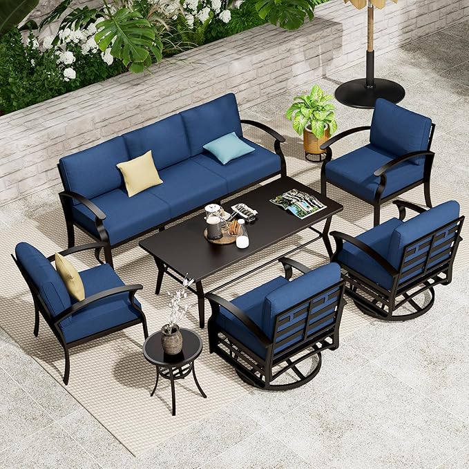 Aluminum Patio Furniture Set with Coffee Table,7 Seats Metal Modern Outdoor Furniture w/5.1" Thick Cushions, Sectional w/Swivel Chairs for Backyard,Navy