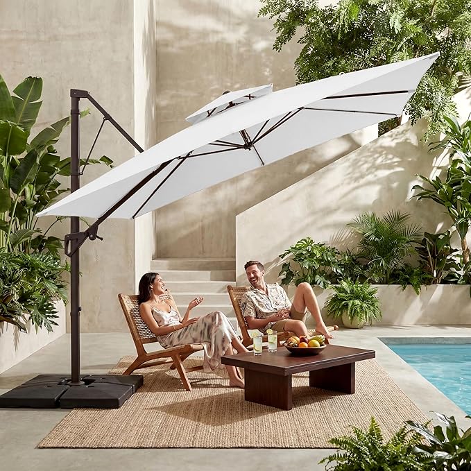 JEAREY 11ft 2-Tier Cantilever Patio Umbrella, Large Square Outdoor Offset Umbrella with Double Top Vent and 360-degree Rotation for Garden, Deck, Pool, Patio, Cream White