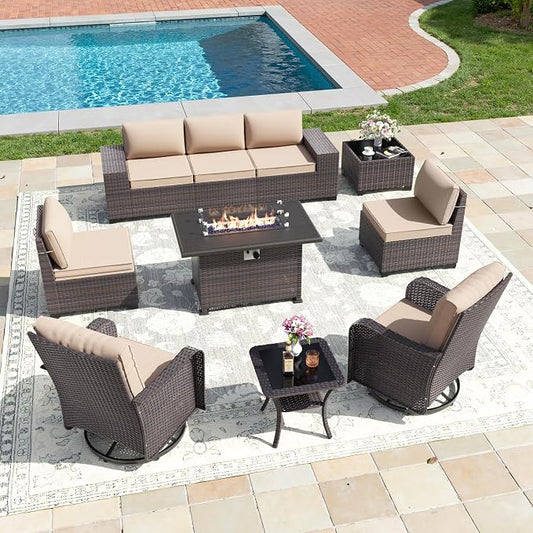 10 PCS Outdoor Patio Furniture Set,Outdoor Sectional Furniture with 43" 55000 BTU Gas Propane Fire Pit Table,All Weather PE Rattan Wicker Patio Conversation Set,Swivel Rocking Chairs Set,Sand