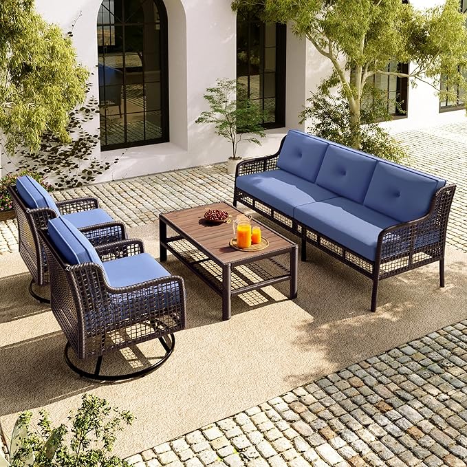 4-Piece Outdoor Wicker Sectional Sofa Set, All Weather Patio Conversation Set with 3-seater Sofa, 2 Swivel Chairs and Coffee Table, Cushions, Suitable for Poolside Backyard Deck (Blue-Swivel)