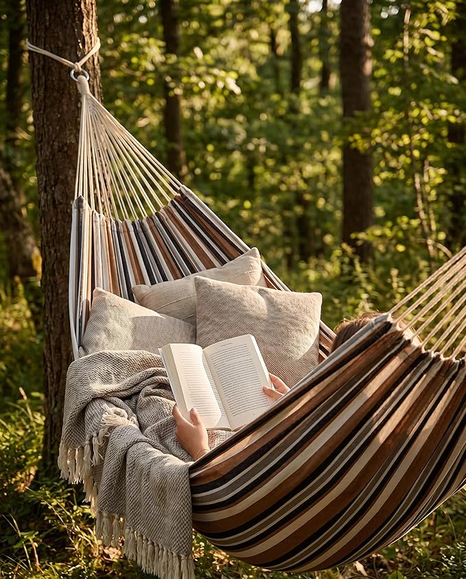 Canvas Hammock 122" Long X 59" Wide 2 Person Hammock 440 pounds Maximum Weight Applicable Scenes in Courtyard Autumn, Indoor Hanging Chairs, Beach Leisure (Black White, Full)