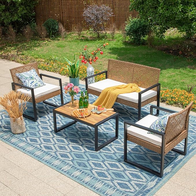 MFSTUDIO 4 Pieces Outdoor Patio Furniture Set, Outdoor Small Brown Rattan Sofa with Acacia Wood Table & Chairs, Patio Loveseat Furniture Set for 4, Beige