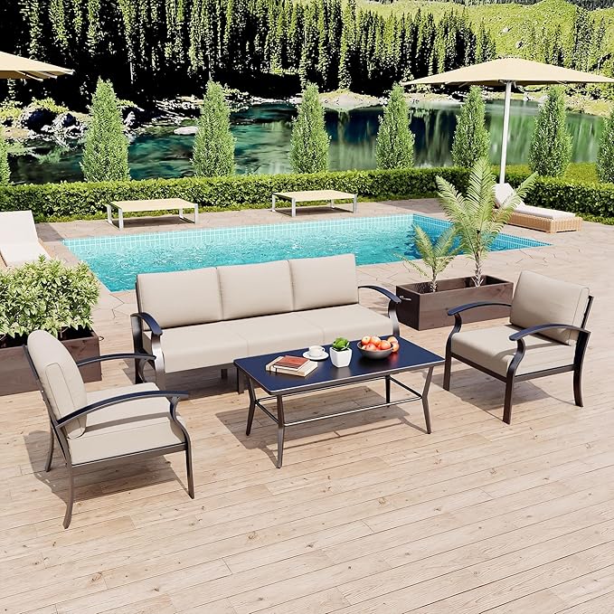 Kurapika Aluminum Patio Furniture Set 5-Seat Modern Metal Outdoor Conversation Sets w/5.1 Inch Cushion Patio Sectional Sofa with Rectangular Coffee Table, Sand