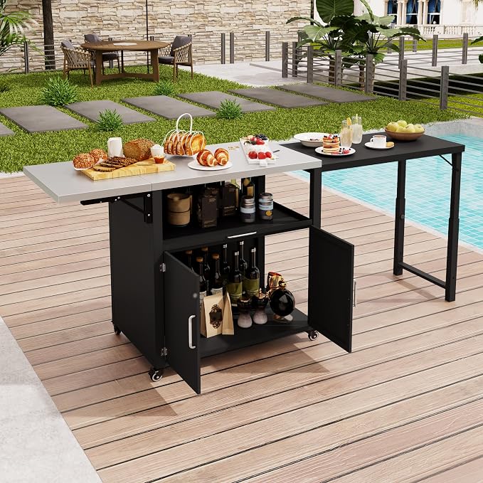 Versatile Outdoor Cabinet with Folding & Expandable Work Surfaces, Ample Storage Space, and Lockable Wheels