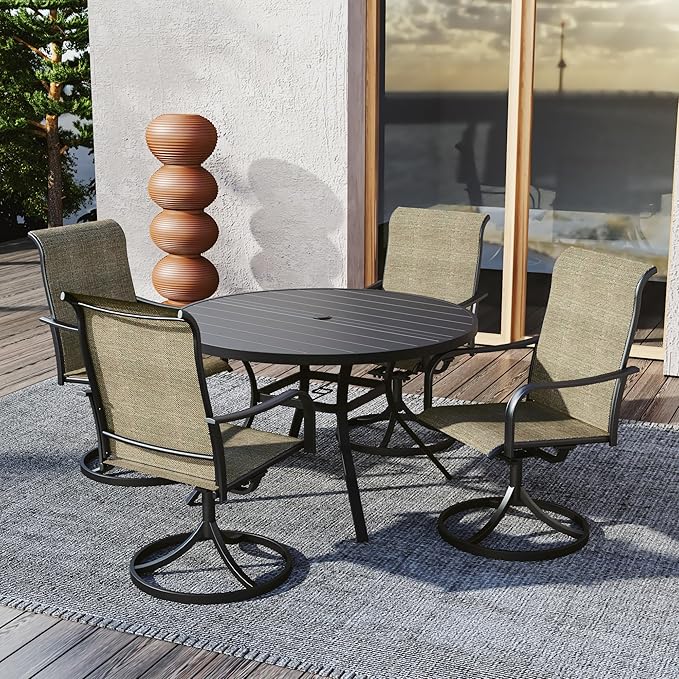 Anmutig Patio Table and Chairs Set of 5, Outdoor Dining Set with Metal 48" Round Table and Swivel Chairs, 5 Piece Outdoor Patio Furniture Set for Deck, Poolside, Garden - Tan Grey Style2