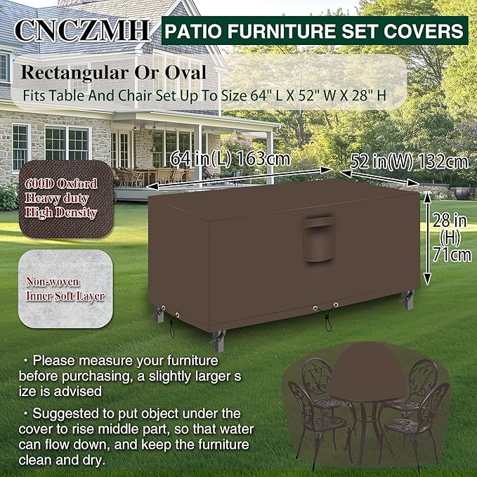 Heavy Duty Patio Furniture Covers Waterproof, 600D Outdoor Furniture Cover Waterproof for Sectional Sofa Couch, Outdoor Dining Table and Chair Set Covers 64''L x 52''W x 28''H, Brown