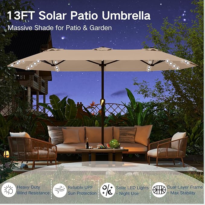 Large Patio Umbrella with Solar Lights and Base, Double-Sided Outdoor Rectangle Umbrella with 48 LED Lights, Market Table Umbrellas with UV Resistant Canopy