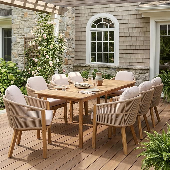 Christopher Knight Home Grotta 9 Piece Outdoor Dining Set, Acacia Wood Patio Dining Table Set with 8 Rope Weave Chairs Beige Cushions Rectangular Outdoor Furniture Set for Garden Patio Backyard