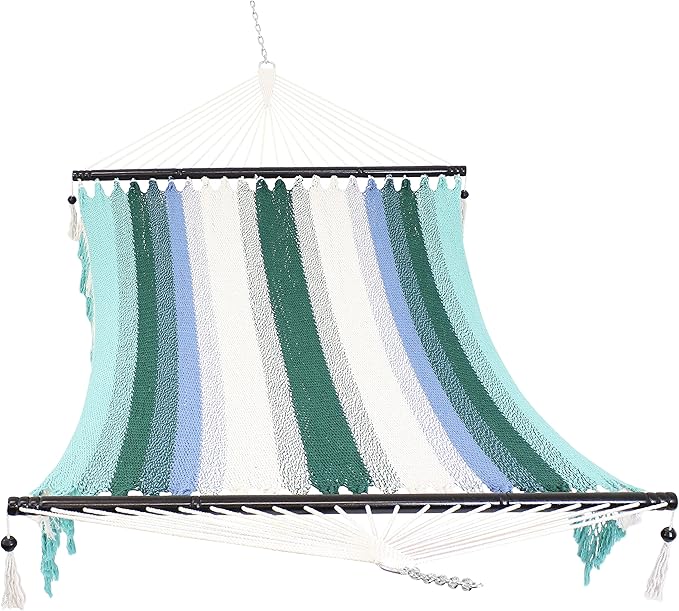 Sunnydaze Lagoon Stripes Woven Double Hammock with Crocheted Edges/Spreader Bars and Soft-Spun Polyester Rope Hanging Hammock Chair