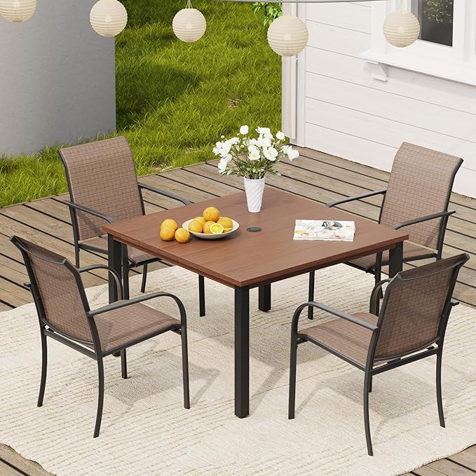 VICLLAX 5 Pieces Patio Dining Set, Patio Furniture Set of 4 Patio Stackable Dining Chairs and Outdoor Metal Square Table with Umbrella Hole for Backyard Lawn Garden, Brown Chairs and Walnut Table