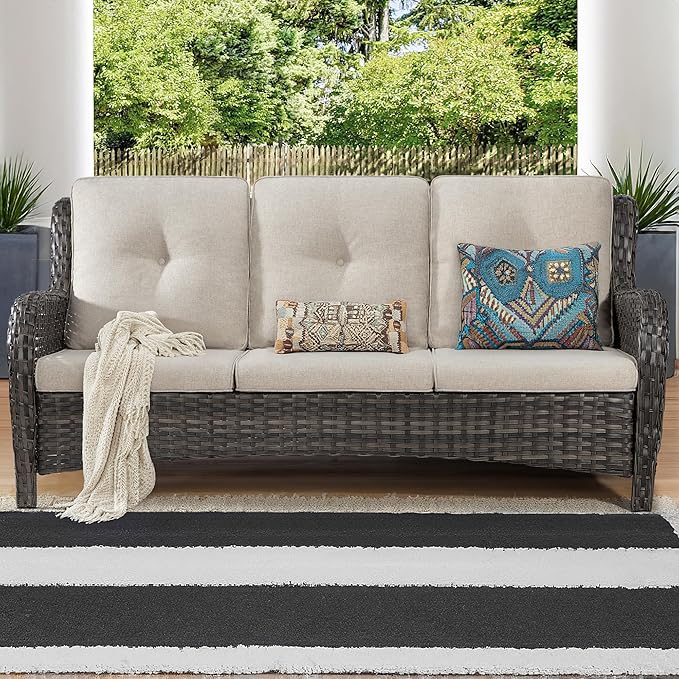 Wicker Patio Furniture Sets 8 Pieces with 3-Seat Sofa, 2 Swivel Rocking Armchairs, 2 Armchairs, 2 Ottoman and 1 Side Table Wicker Outdoor Furniture Sectional Conversation Set, Beige