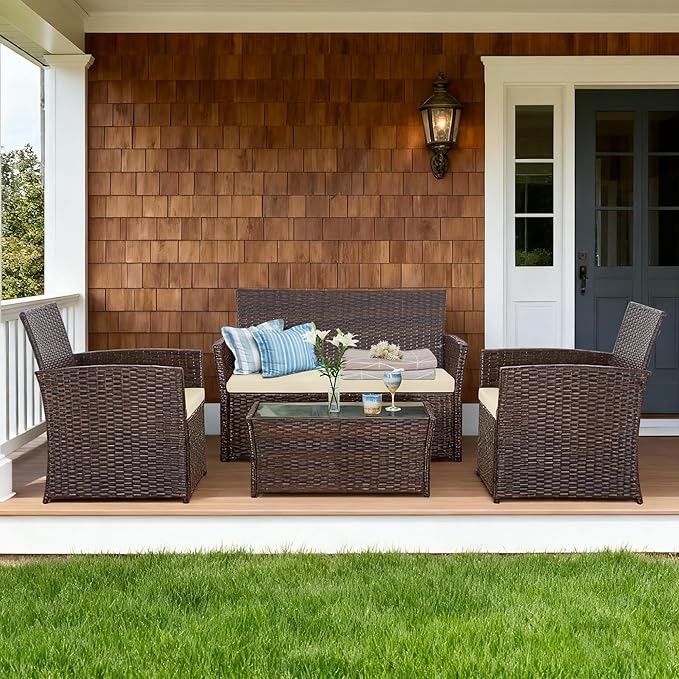 4 Piece Patio Furniture Set, Outdoor Wicker Conversation Set, Rattan Sectional Sofa Couch with Glass Coffee Table & Thick Cushion for Backyard, Porch, Garden, Poolside, Brown/Beige