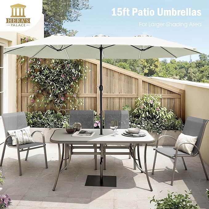 HERA'S PALACE Umbrella Patio Outdoor with Base 15ft Rectangle Table Double Market Umbrellas Clearance Large Included Stand for Deck Outside Pool Picnic Inground Yard Commercial (Ivory)