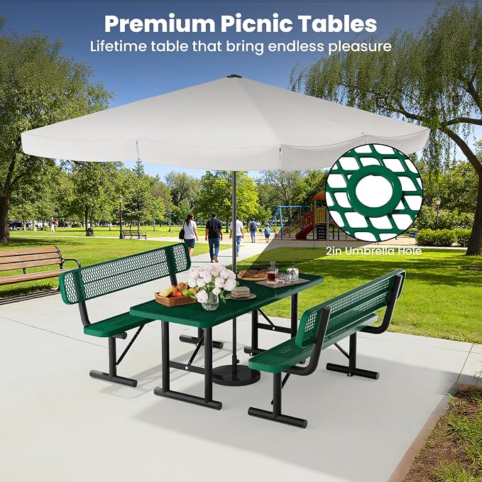 6FT Outdoor Metal Picnic Table with 2 Benches,Heavy Duty Rectangular Picnic Table Set for Outside, Waterproof Commercial Restaurant Table Furniture for Park, Campfield, Patio, Garden, Yard