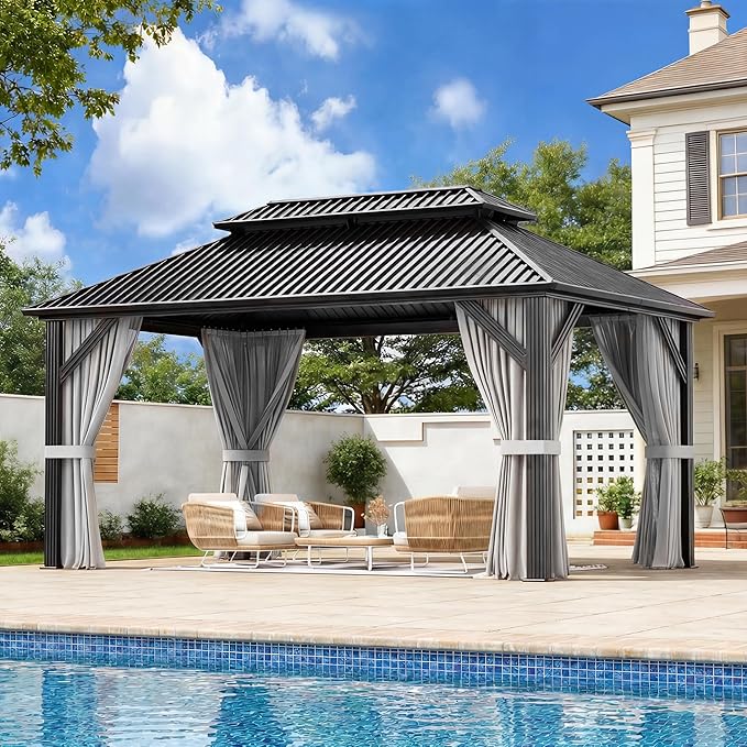 AirWire 10'x14' Gazebo Hardtop Gazebo, Aluminum Frame Pergola with Double Galvanized Steel Roof, Permanent Outdoor Metal Canopy with Curtain & Netting for Patio, Backyard, Deck, Dark Grey