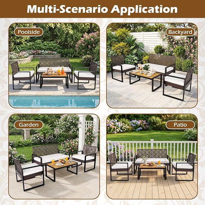 Tangkula 4-Piece Patio Conversation Set, Outdoor Furniture Set w/2 Single Chairs, Cushioned Loveseat & Acacia Wood Coffee Table, PE Wicker Seating Set w/Metal Frame & Adjustable Feet for Yard (Brown)