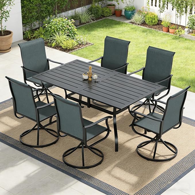 SUNCROWN 7-Piece Outdoor Patio Dining Set, All Weather Rectangular Metal Table & 6 Dark Grey Swivel Textilene Mesh Chairs, Weather Resistant Patio Furniture for Deck Lawn Garden Backyard Poolside