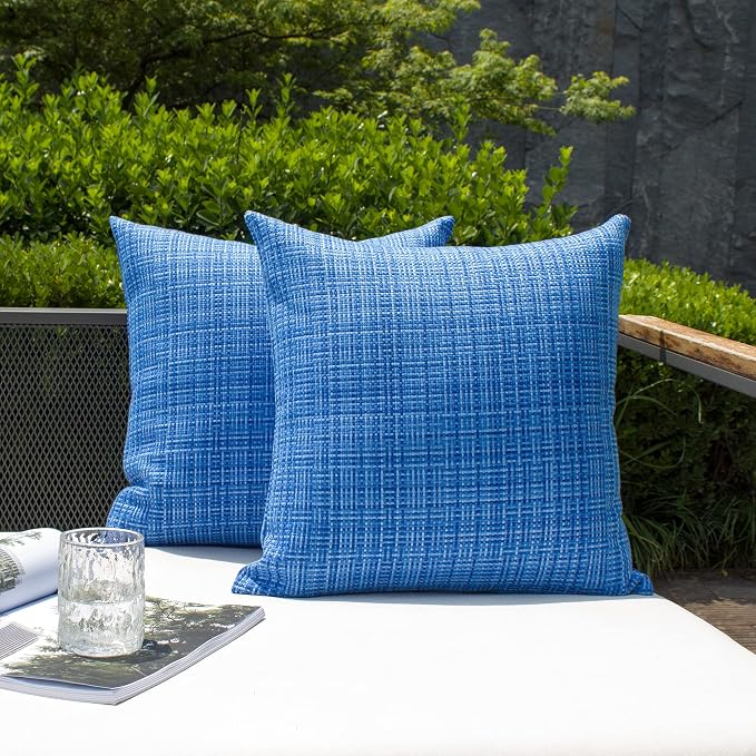 Kevin Textile Outdoor Waterproof 22x22 Inch Pillow Covers 2 Pack, Blue | Water Resistant, Faux Linen Yarn-dyed, Woven Texture Throw Pillow Covers for Tent Patio Garden Couch Sofa