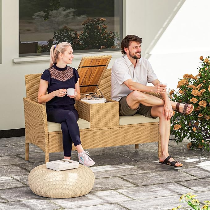 Chair with Center Table, Patio Loveseat for Garden Porch, Chairs with Coffee Table, Patio 2-Seat Chair,Outdoor Patio Loveseat Modern Patio Conversation Set & Built-in Coffee Table Porch Furniture