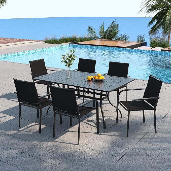 Black Stackable Patio Chairs and 63x38" Rectangle Table Outoor Dining Set 7 | 6 Psc Stackable Chairs, Textilene Seat&Back, Metal Table, Slat Table Top, 6 Person Use, 1.57"-1.9" Umbrella Hole, All Weather
