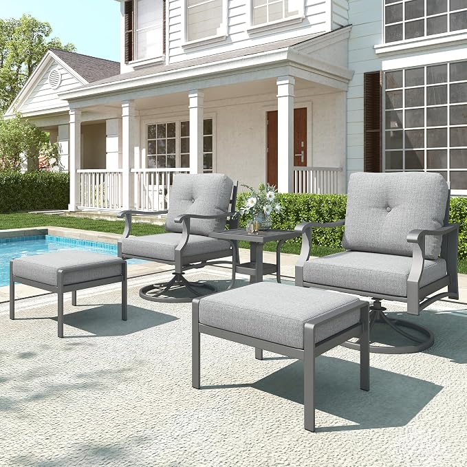 Outdoor Swivel Rocker Chairs w/2 Ottomans, Coffee Table, 5 Piece Metal Patio Conversation Bistro Set with 5" Thickened Cushions, Aluminum Frame for Porch, Backyard, Balcony, Gray