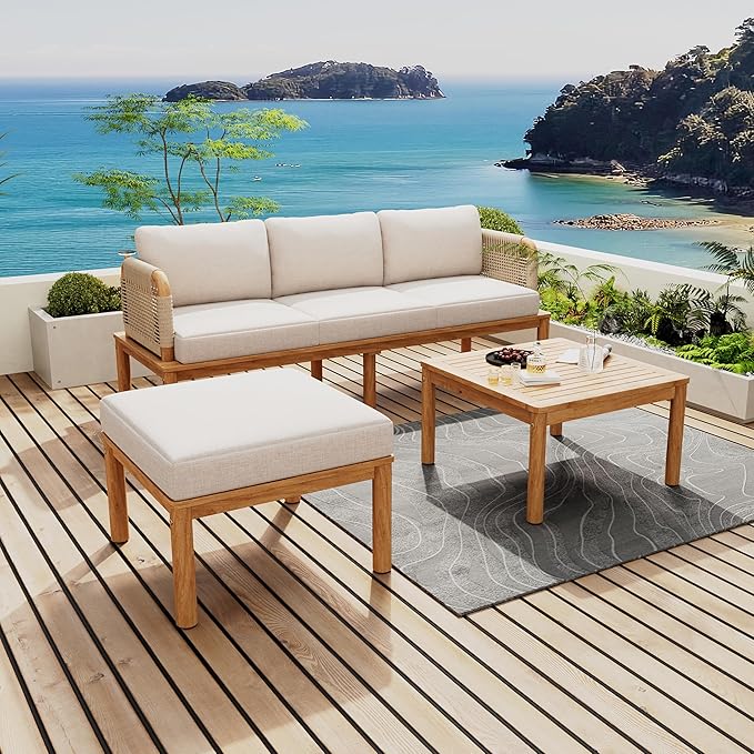 Merax Outdoor 3-Piece Acacia Wood & Rope Patio Sofa Set with Ottoman and Table, Water-Repellent Cushions, for Garden & Patio