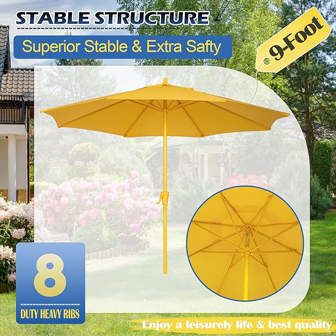 Sunnyglade 9FT Outdoor Patio Umbrella, Market Table Umbrella with 8 Sturdy Ribs and Crank System, Fade-resistant & Waterproof for Garden Backyard Poolside Deck