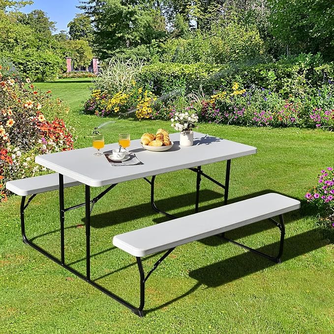 Goplus Foldable Picnic Table with Benches, Rectangular Camping Table Set with Metal Frame, Folding Indoor Outdoor Dining Table Set for Garden, Patio, Backyard (White)