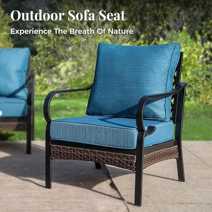 Patio Furniture Set with Fire Pit Table, Metal Outdoor Conversation Set with 2 x Fixed Chairs, 1 x Loveseat, 1 x 3-Seat Sofa and Gas Fire Pit Table for Lawn Garden Backyard, Pacific Blue