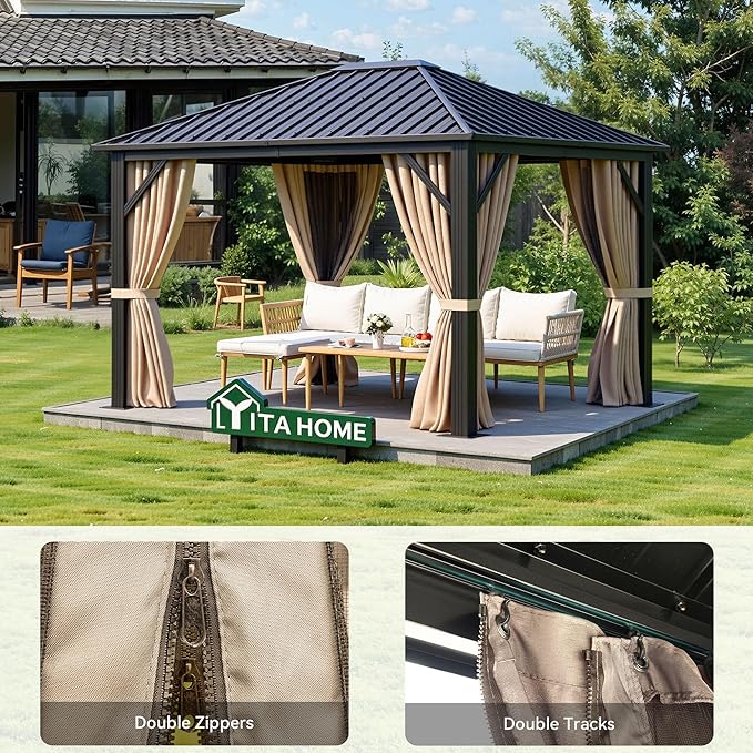YITAHOME 10X12FT Hardtop Metal Gazebo Single Top Outdoor Patio Canopy Galvanized Iron Aluminum Column Garden Tent Curtains Netting for Backyards Decks Lawns,Brown