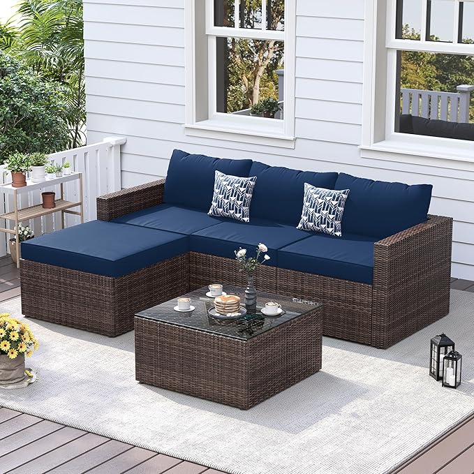 UDPATIO 5 Piece Patio Furniture Set, All-Weather Wicker Outdoor Sectional Sofa,Rattan L Shaped Outdoor Conversation Patio Sectional with Ottoman, Glass Table for Balcony Porch Backyard,Navy Blue