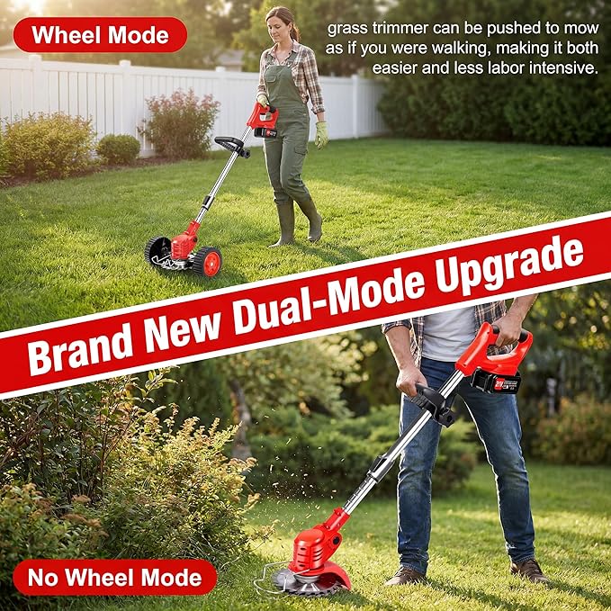 21V Cordless Weed Wacker with Wheels, 3-in-1 String Trimmer/Lawn Edger/Brush Cutter, 2x2.0Ah Battery & 3 Blades, Adjustable Height, Lightweight & Easy for Thick Weeds & Small Yards – Homeowner