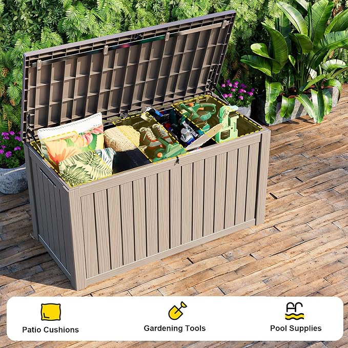 Vixzen 180 Gallon Deck Boxes Outdoor Waterproof, Resin Lockable Storage Box for Patio Cushions Storage Furniture, Garden Tools, Pool Supplies, Weatherproof and UV Resistant (Grey, 180 Gallon)