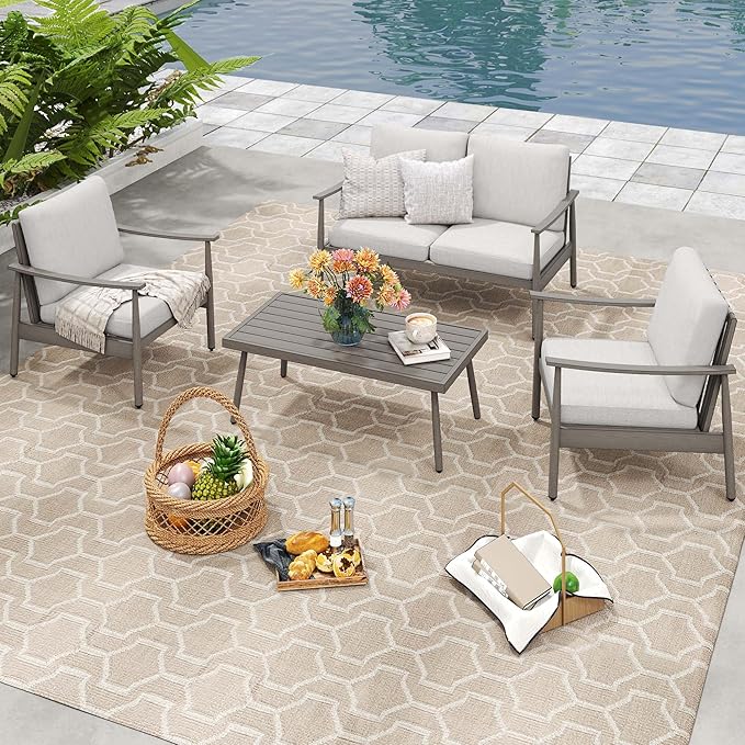 HAPPATIO Patio Outdoor Furniture Set - 4 Piece Aluminum Patio Conversation Set with 1 Coffee Table, 2 Armchairs and 1 Loveseat, Aluminum Outdoor Furniture Set for Backyard Deck Poolside (Grey)