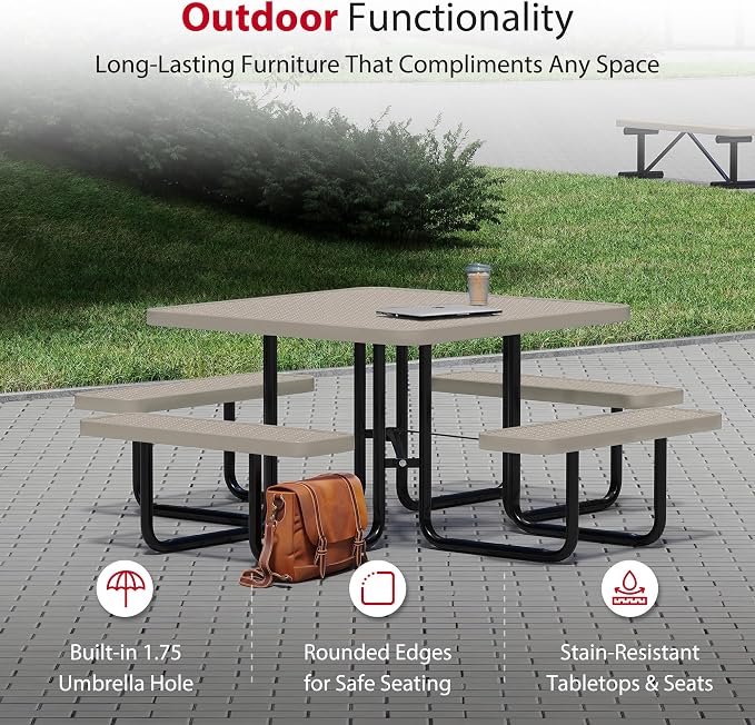 Leisure Craft Metal Picnic Table with Bench - 46" Square Outdoor Dining Table for 8 with Umbrella Hole, Weatherproof Heavy Duty Thermoplastic Coating, Commercial Grade Furniture Made in USA - Beige