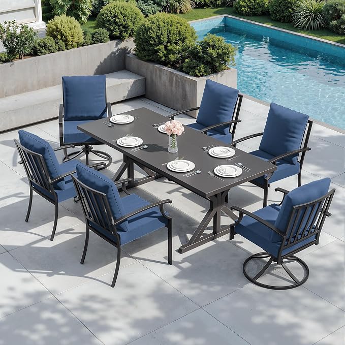 ALAULM 7-Piece Patio Dining Set,Outdoor Metal Dining Set with 2 Swivel Chairs & Rectangle Table with 1.5 Umbrella Hole, Patio Dining Table and Chairs for Backyard,Navy
