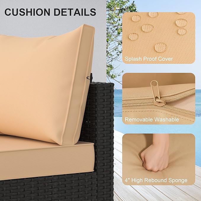 Patio Furniture Set, 5PCS Outdoor Sectional with Ottoman Wicker Rattan Patio Couch with Thickened Cushion Modular Wicker Patio Conversation Set with Glass Top Table for Balcony, Backyard(Khaki)