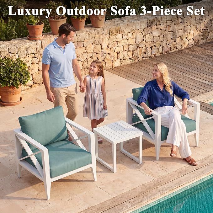 4 Piece Aluminum Patio Furniture Set with Fire Pit, Modern Outdoor Patio Conversation Sets with 2-IN-1 Fire Pit Table, 6" Thick Washable Cushions and Coffee Table for Balcony, Porch, Backyard,White