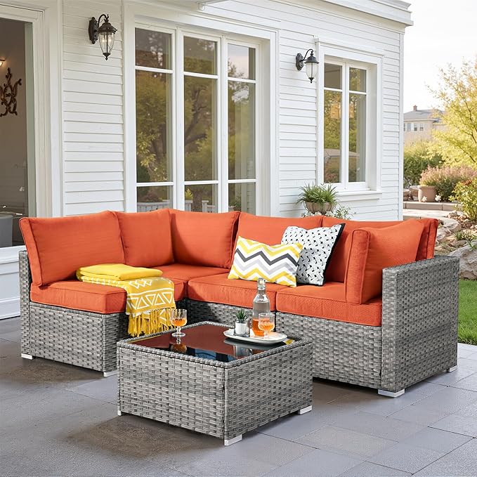 5 PCS Outdoor Patio Furniture Sets,Wicker Weather Resistant Patio Conversation Set with Comfy Cushions,Modular L Shaped Sofa with Coffee Table for Yard Backyard Porch Garden Poolside,Orange Red