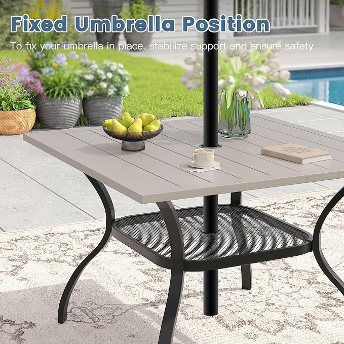 DIFY Outdoor Dining Table, Patio Square Metal Dining Table with 1.57" Umbrella Hole for 4 Person, Ideal for Poolside, Deck, Garden and Balcony, Grey Wood-Like