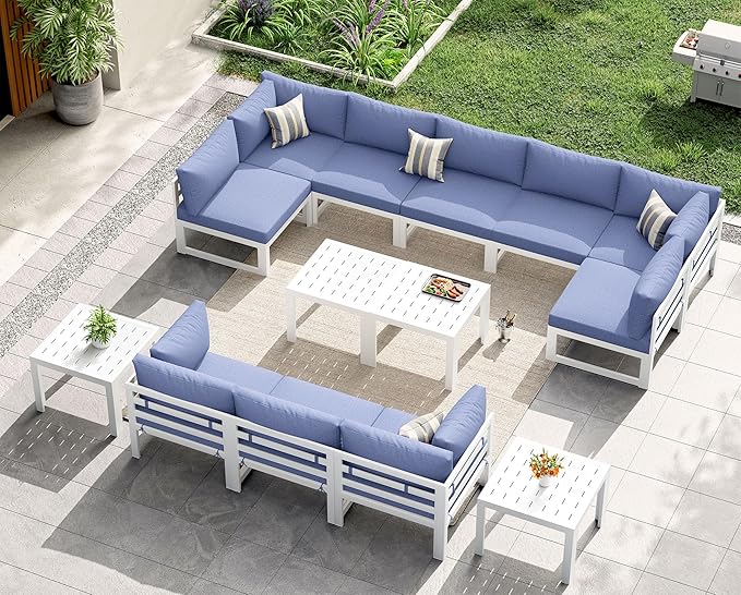 NICESOUL 14 Piece Extra Large Aluminum Outdoor Furniture Set, Rust-Proof Luxury Patio Sectional with Coffee Table, 500lbs Sturdy Comfortable Couch Sofa Conversations for Outside Garden, Denim Blue