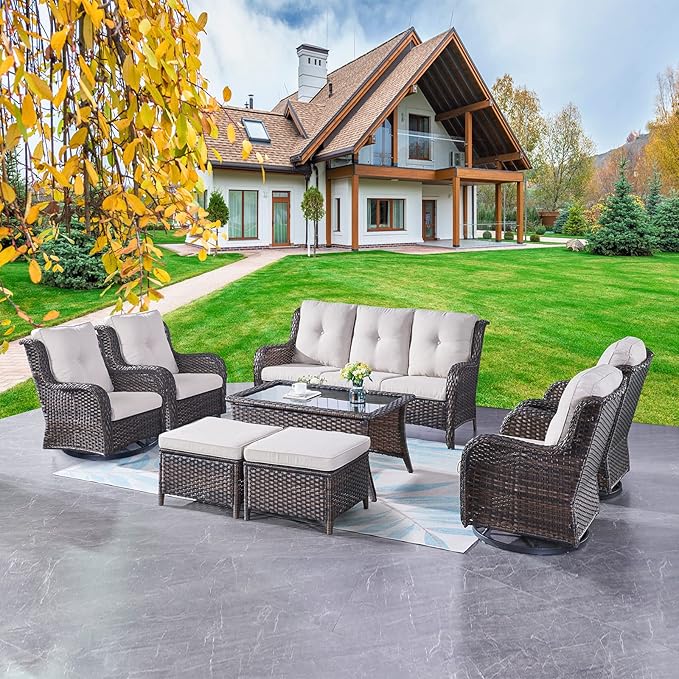 Rilyson Wicker Patio Furniture Set - 8 Piece Rattan Outdoor Sectional Conversation Sets with 4 Swivel Rocking Chairs,2 Ottomans,1 Sofa and 1 Coffee Table for Porch Deck Garden(Brown/Beige)