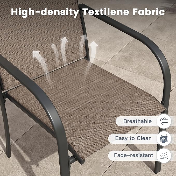 VICLLAX 9 Pieces Patio Outdoor Dining Set, 53" Round Metal Table with Umbrella Hole and 8 Stackable Textilene Chairs for Patio, Lawn, Garden, Porch, Black/Brown