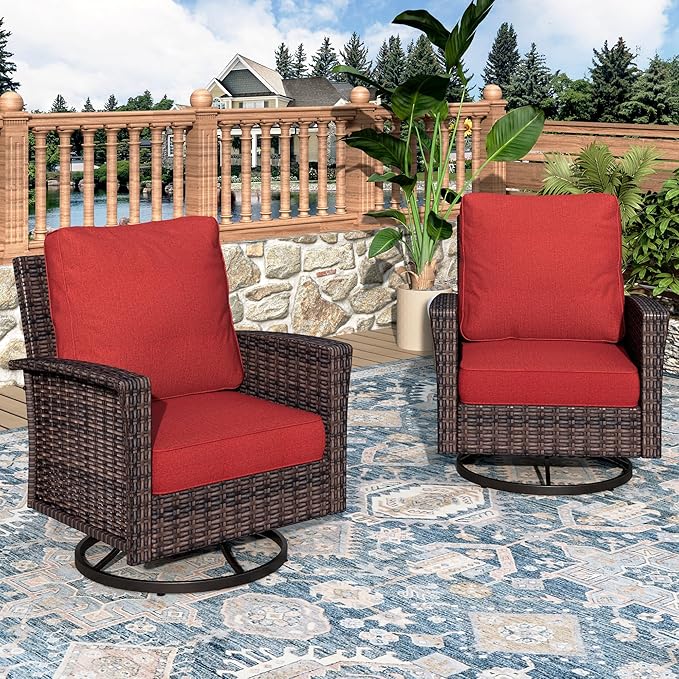 Swivel Patio Wicker Chairs Set of 2, High Back Outdoor Swivel Patio Rattan Chairs with 5.5" Thick Cushions for Bistro Balcony Porch Deck and Yard, Red