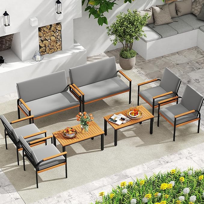 Tangkula 8 Pieces Patio Furniture Set, Outdoor Conversation Set with Acacia Wood Coffee Table, Cushioned Loveseat & 2 Single Armrest Chairs, for Porch, Garden, Backyard, Poolside