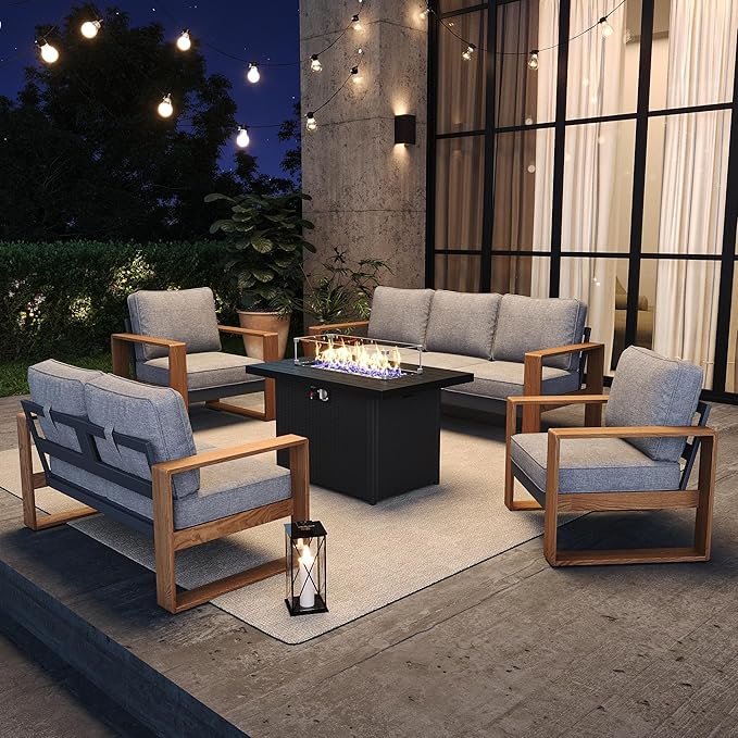 5 Pieces Aluminum Patio Furniture Set, Outdoor Conversation Sets with High Backrest Sofa and Fire Pit Table for Garden and Backyard