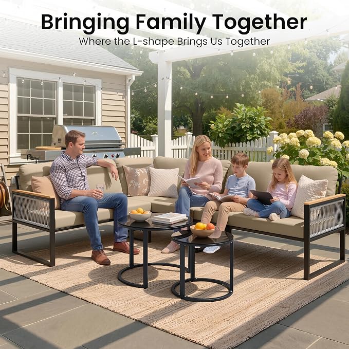 7-Piece L-Shaped Outdoor Sectional Sofa Set with Nesting Table | Hand-Woven PE Wicker, All-Weather Steel Frame, 4.3-Inch Thick Removable Cushions, Glass Coffee Table, Patio Conversation Set