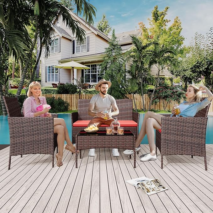 4 Piece Outdoor Patio Furniture Sets,Wicker Rattan Conversation Sets, Bistro Patio Set with 2 Chairs,Soft Cushion,Loveseat and 1 Glass Coffee Table for Backyard Porch Garden Poolside Balcony,Brown/Red
