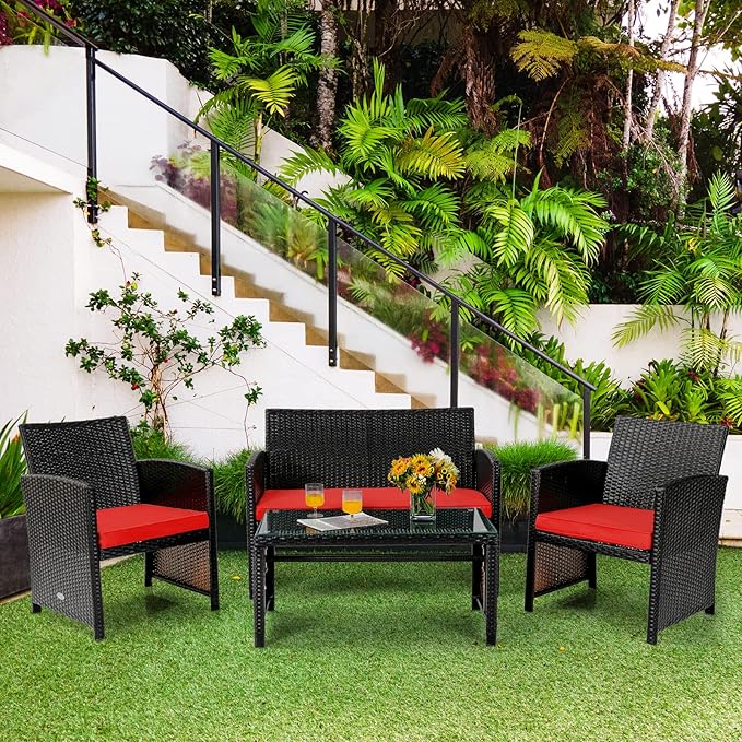COSTWAY 4 Piece Patio Furniture Set, Outdoor PE Rattan Wicker Sectional Sofa with Cushion and Coffee Table, Patio Conversation Sets for Balcony Lawn Porch Patio Backyard Garden Poolside, Red